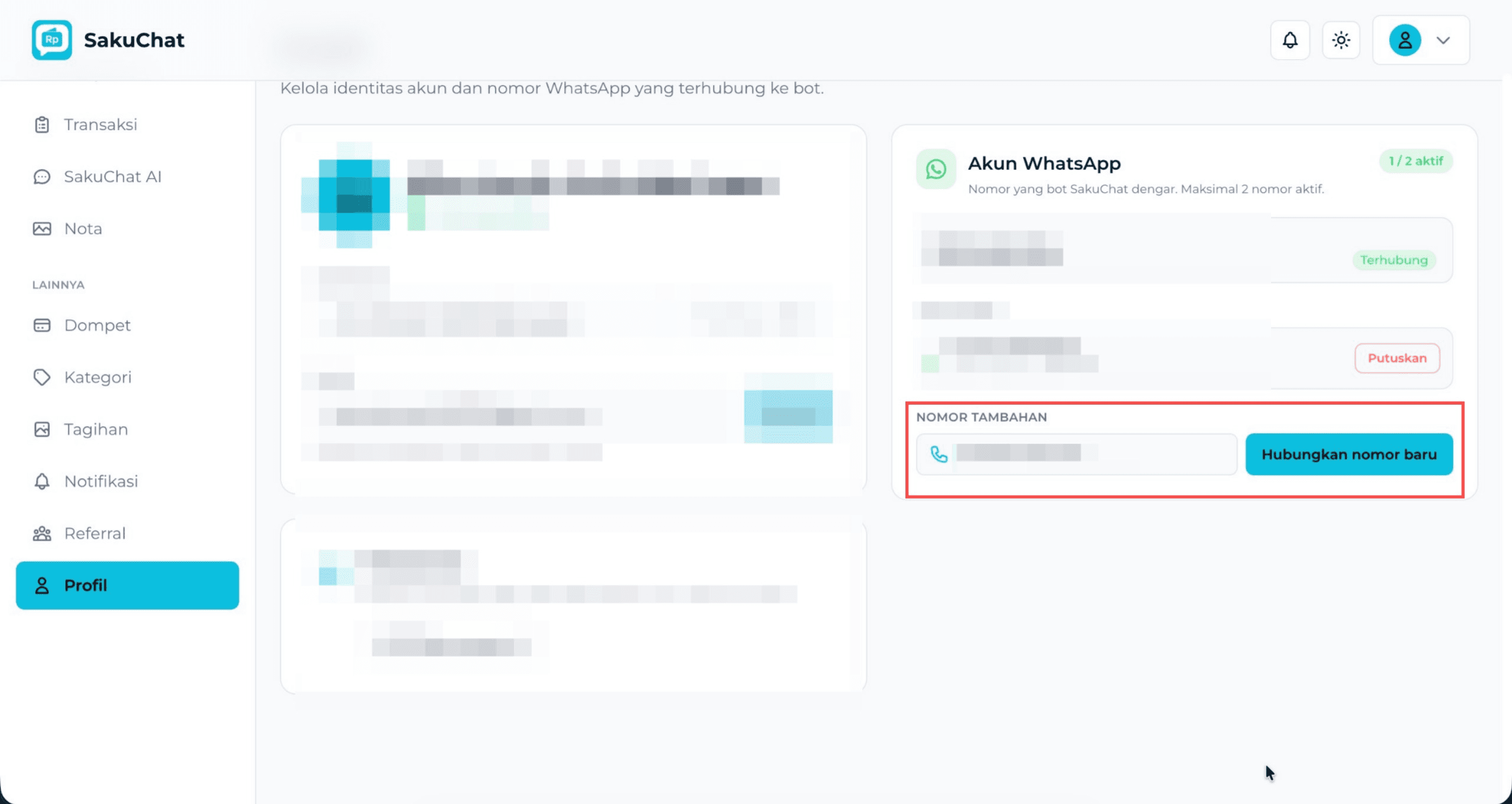 Kartu Akun WhatsApp dengan kolom Nomor tambahan dan tombol Hubungkan nomor baru
