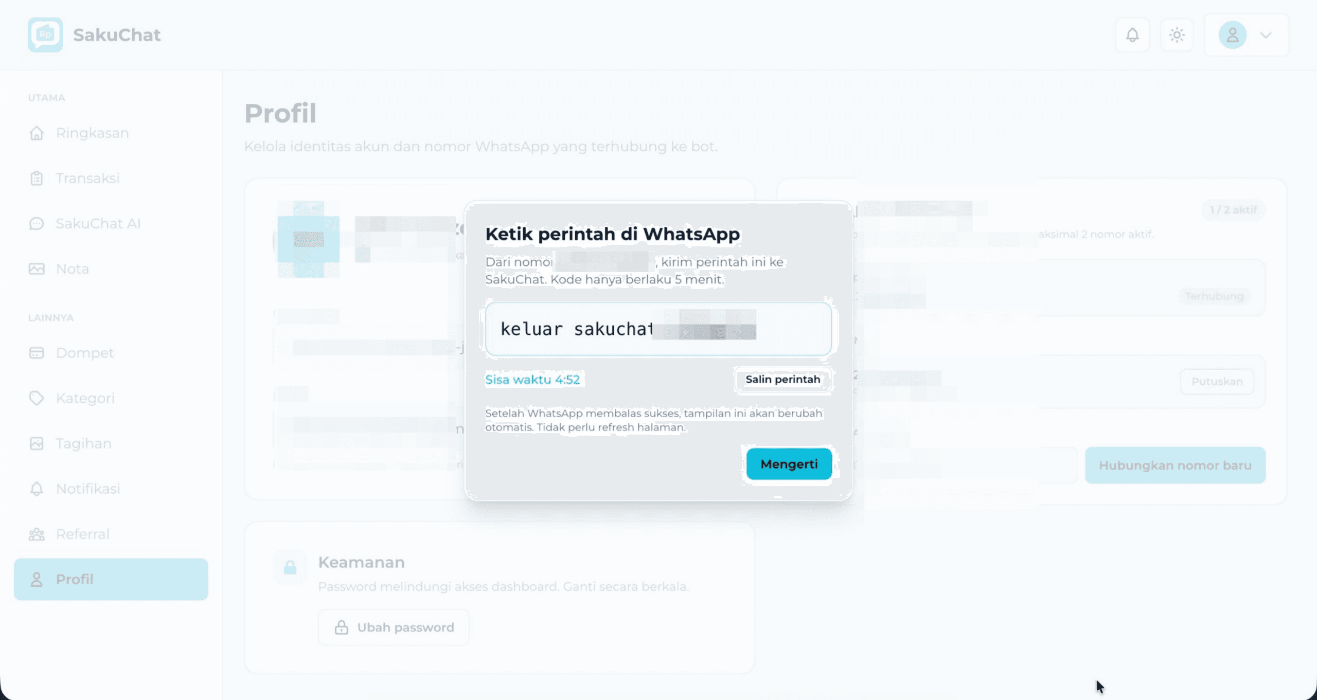 Dialog Ketik perintah di WhatsApp berisi keluar sakuchat plus kode unik dan sisa waktu