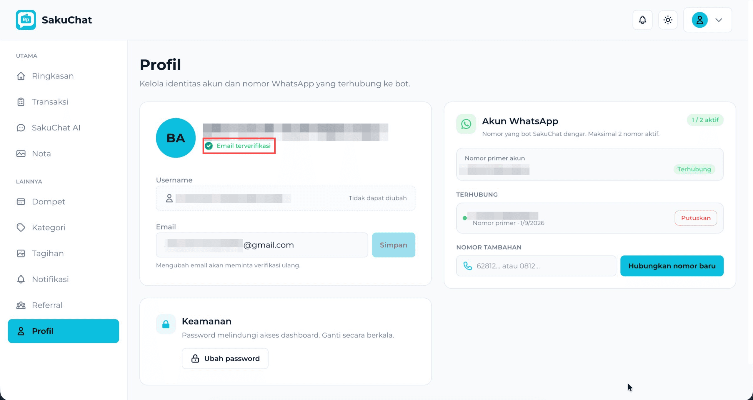 Halaman Profil SakuChat dengan status Email terverifikasi dan kartu Akun WhatsApp 1 dari 2 aktif
